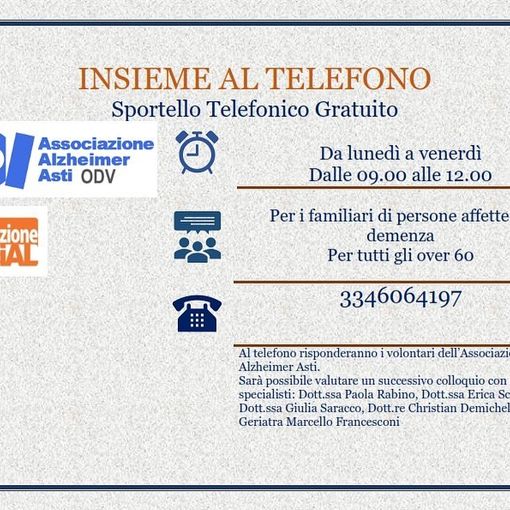 L’Associazione Alzheimer Asti ha attivato uno sportello telefonico di supporto