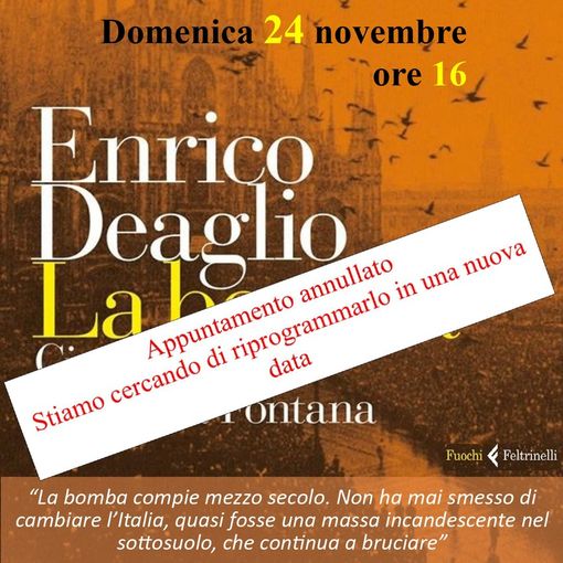 Canelli, annullata per maltempo la presentazione del libro di Deaglio su piazza Fontana