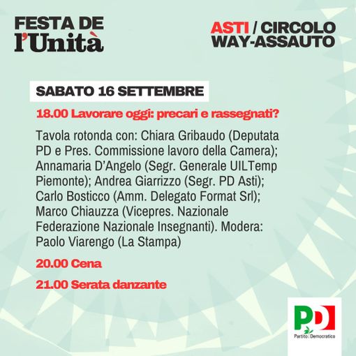 Il programma odierno della Festa dell'Unità di Asti