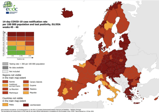 La mappa dei contagi in Europa diffusa dal Ecdc