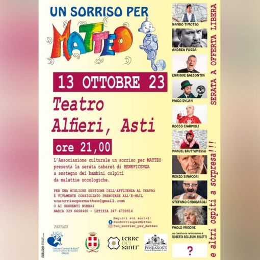 Torna stasera lo spettacolo di cabaret &quot;Un sorriso per Matteo&quot;