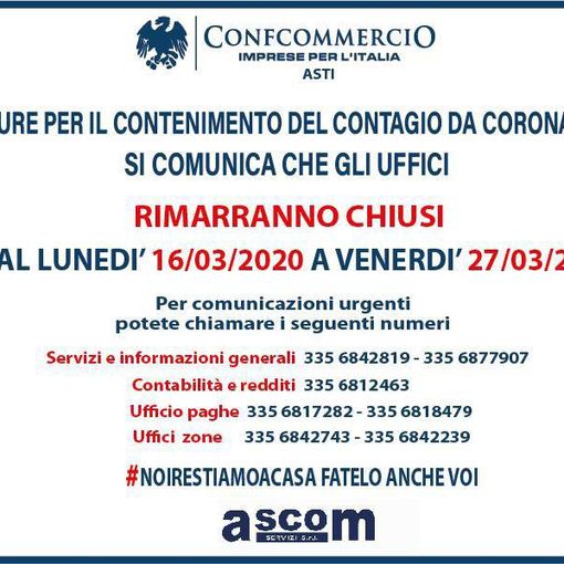 Emergenza Coronavirus: chiusi al pubblico gli uffici provinciali di Confcommercio