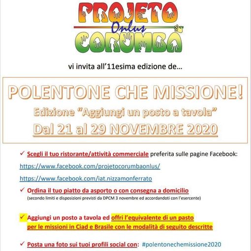 A Nizza il &quot;Polentone che Missione&quot; giunge all'11esima edizione e ...Aggiunge un posto a tavola&quot;