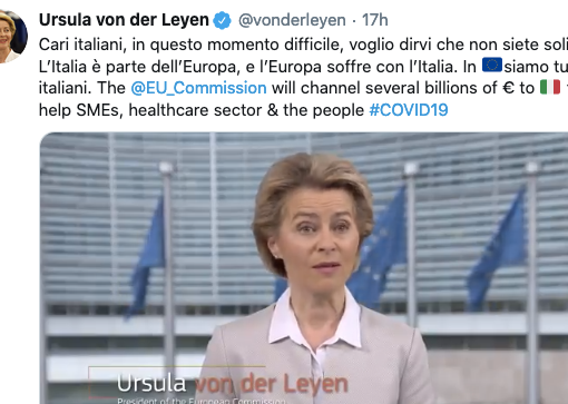 Coronavirus: &quot;Siamo vicini all'Italia, in questo momento in Europa siamo tutti italiani&quot; il messaggio della presidente della Commissione Ue, Ursula von der Leyen