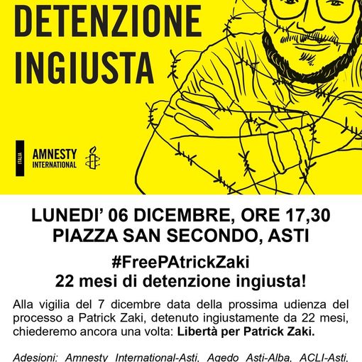 La locandina della manifestazione astigiana a supporto di Patrick Zaki