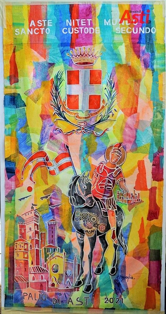 Il drappo, realizzato da Filippo Pinsoglio, destinato al vincitore del Palio 2021 Il drappo, realizzato da Filippo Pinsoglio, destinato al vincitore del Palio 2021