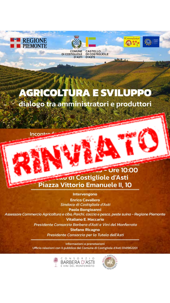 Costigliole d'Asti: rinvio per il convegno su agricoltura e sviluppo