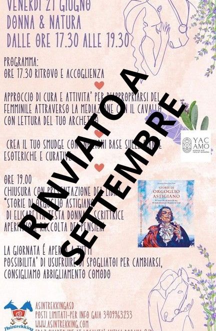 Rinviata a settembre la presentazione del libro &quot;Storie di Orgoglio Astigiano&quot; all'Asintrekking