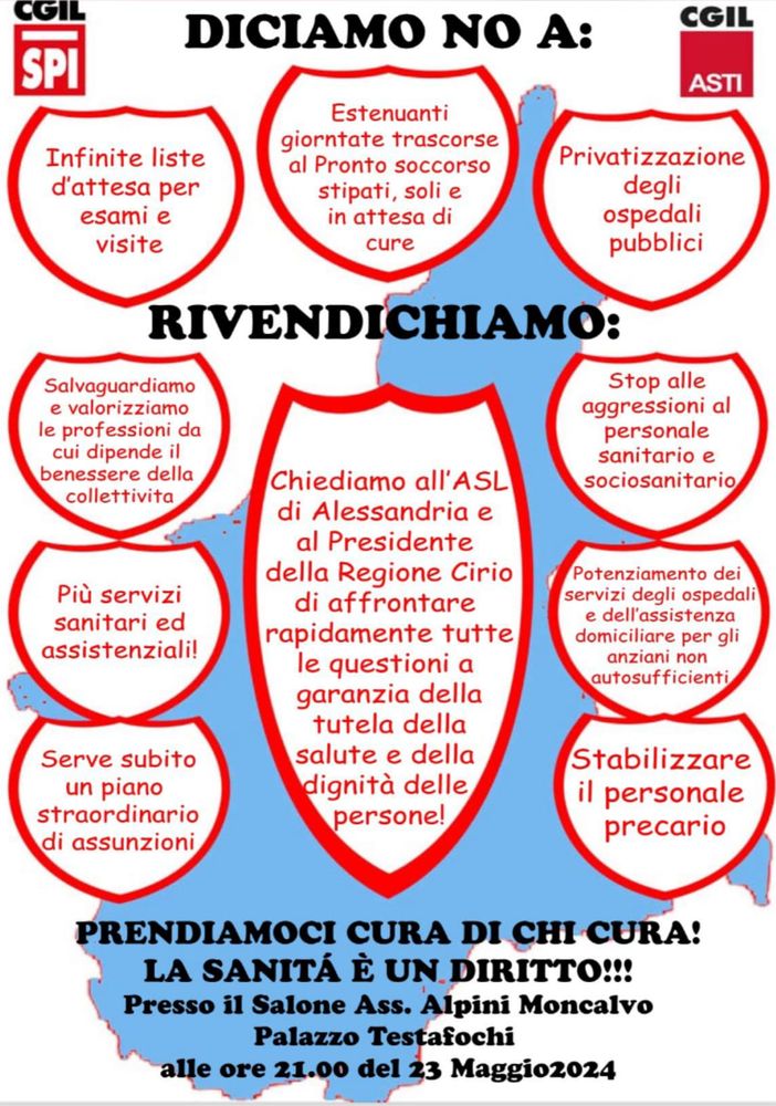 &quot;Prendiamoci cura di chi cura! La sanità è un diritto&quot;: iniziativa della Cgil di Asti e pensionati a Moncalvo