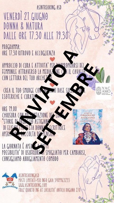 Rinviata a settembre la presentazione del libro &quot;Storie di Orgoglio Astigiano&quot; all'Asintrekking