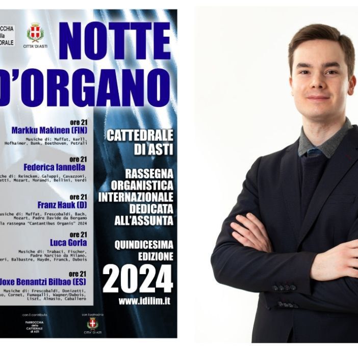 Collage tra la locandina della serata e l'organista Luca Gorla
