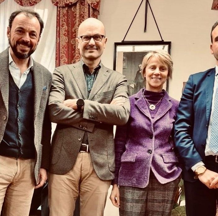 L’incontro a Santena; da sinistra il sindaco Ghio, l’imprenditore Giuseppe Gattino (Vega International), la professoressa Pronello e Dario Kafaie, presidente GIC