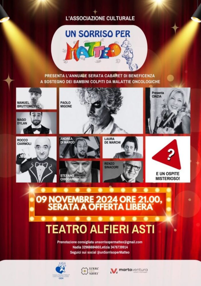 Sorridere per star bene e fare del bene: al Teatro Alfieri di Asti torna &quot;Un sorriso per Matteo&quot; dei bambini con malattie oncologiche