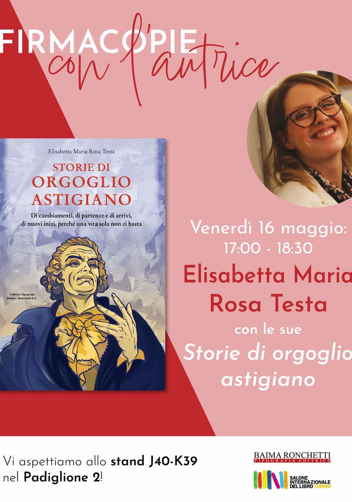 Il nuovo libro sulle &quot;Storie di Orgoglio Astigiano&quot; al Salone del Libro di Torino, per un firmacopie con l'autrice