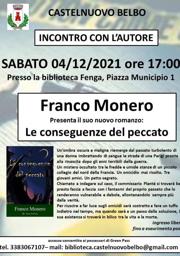 A Castelnuovo Belbo, Franco Monero presenta i suo romanzo 'Le conseguenze del peccato'