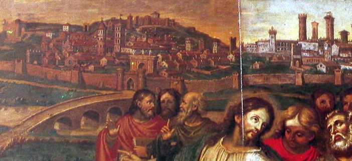 Dipinto &quot;Cristo e gli Apostoli sulla riva del Borbore&quot;, che offre una visione dell'antica Asti