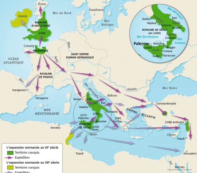 Aree evidenziate in verde, espansione normanna a partire dal XI secolo (credit l’histoire.fr)