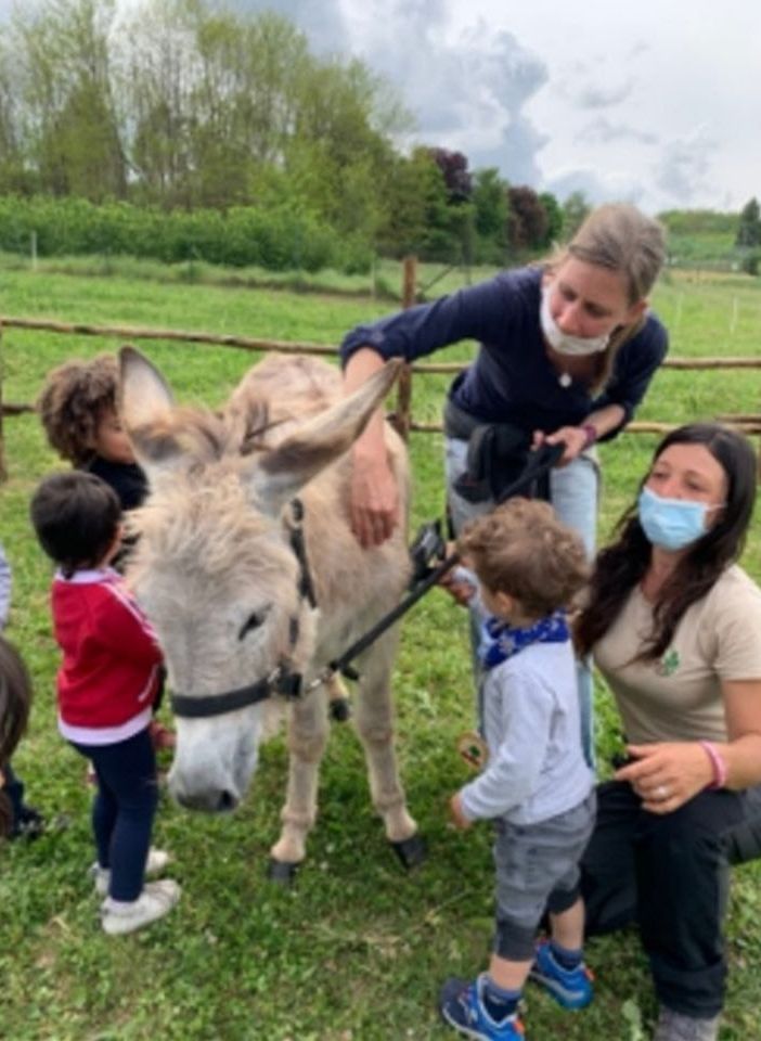Uno degli asini insieme ad alcuni bambini in visita al lago