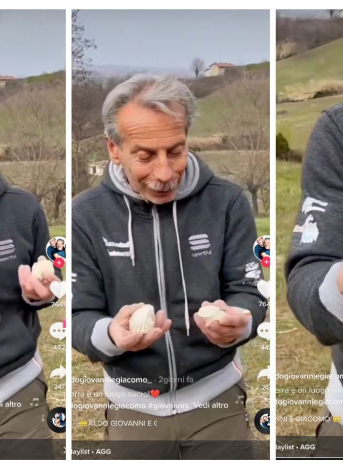 Collage di immagini tratte dal video in cui Giovanni Storti invita a rispettare la natura e mostra due reperti fossili risalenti all'epoca del 'mare Padano'