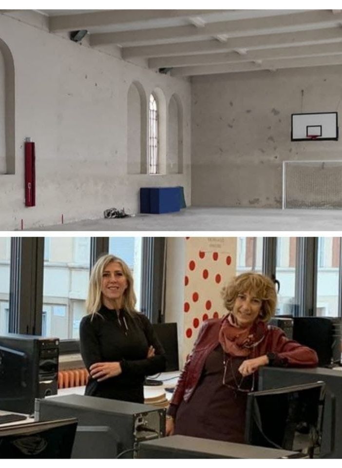 Collage fotografico tra la palestra di via De Amicis e il nuovo laboratorio di informatica del Liceo Artistico