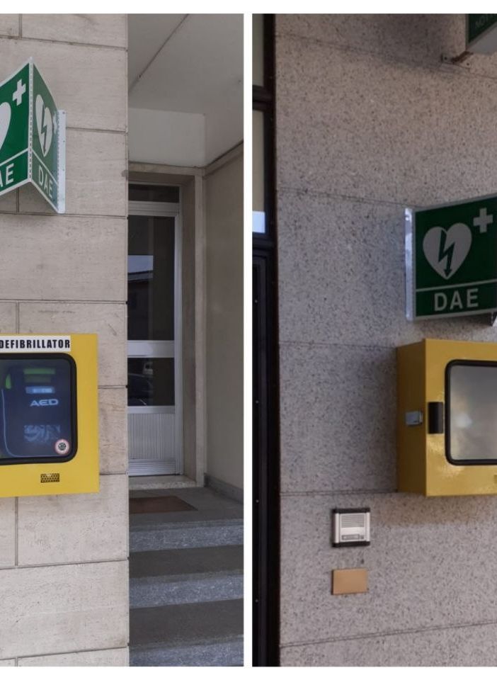 I defibrillatori installati di fronte alla farmacia e all'Ufficio Postale del paese