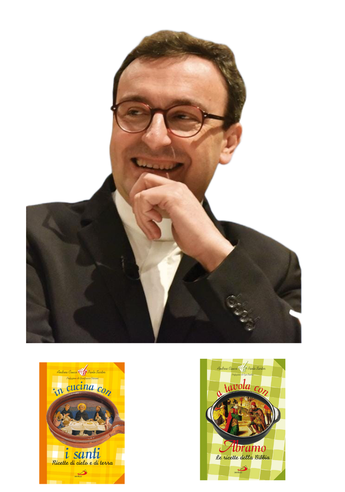 Don Andrea Ciucci in un collage fotografico con i due libri di cui è autore