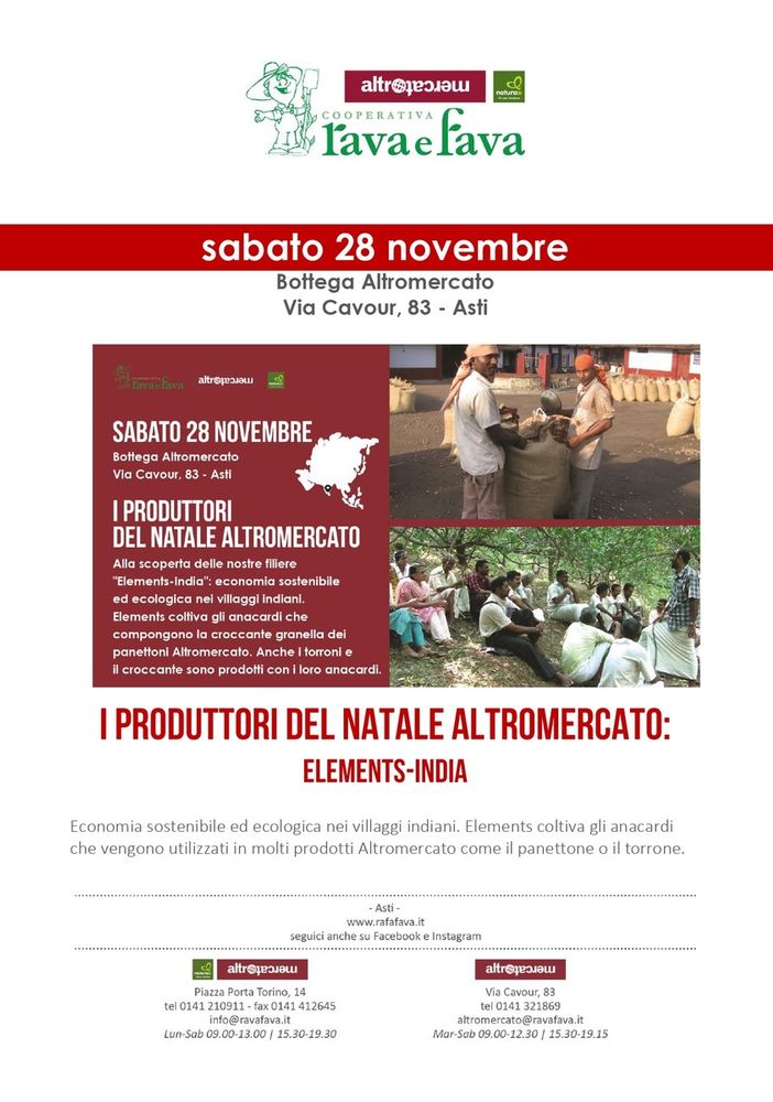 Alla Bottega Rava e Fava di via Cavour ad Asti, giornata dedicata ad Elements, nel Kerala per sviluppare economia sostenibile