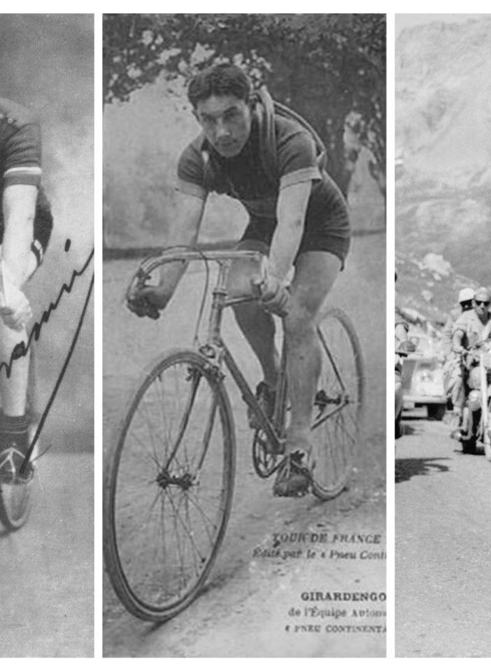 Nel montaggio fotografico, da sinistra a destra, il 'Diavolo Rosso' astigiano Giovanni Gerbi, Costante Girardengo e Fausto Coppi, tre dei campioni di cui i libri di Bocca narrano le gesta sportive