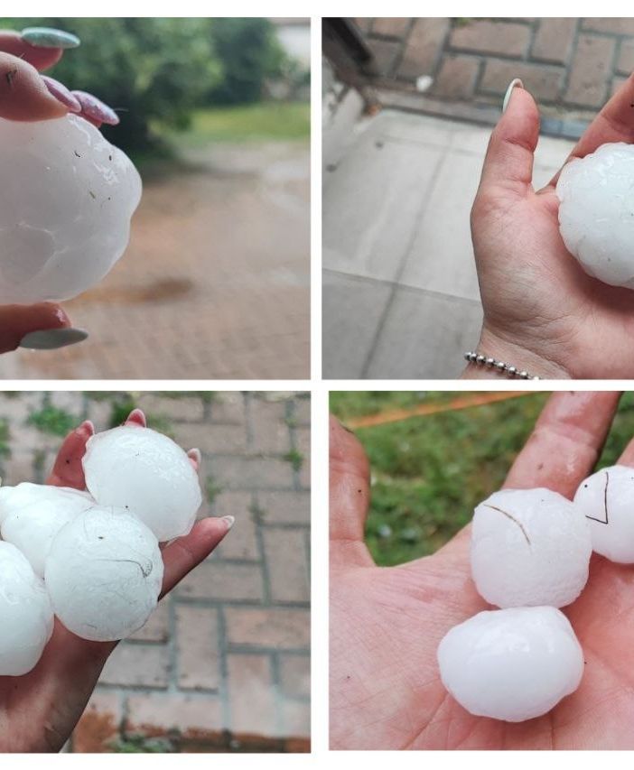 Un collage fotografico di grossi chicchi di grandine caduti in mattinata a Castelnuovo Don Bosco e a Cunico (immagini tratte dal canale telegram Dati Meteo Asti)