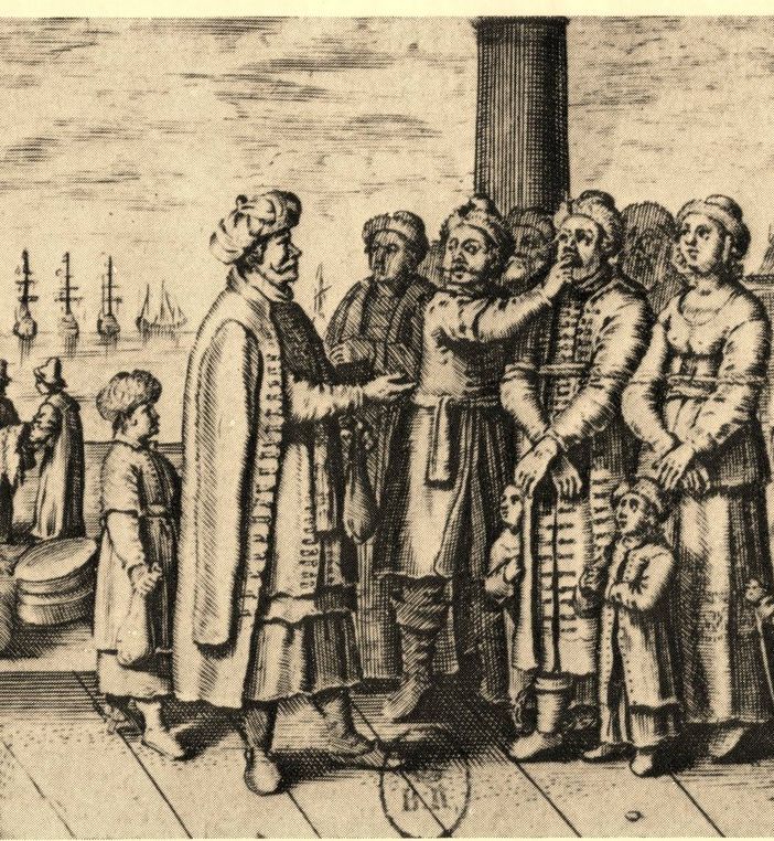 Il mercato degli schiavi europei in una stampa del XVII secolo