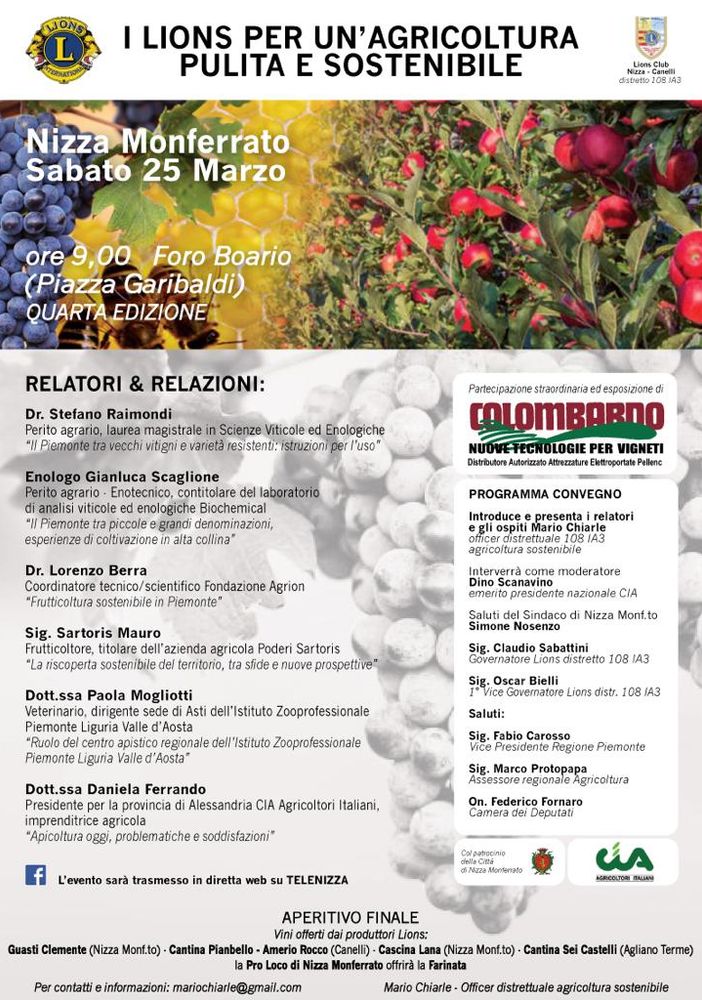 Il 25 marzo a Nizza Monferrato il convegno Lions &quot;Agricoltura sostenibile&quot;