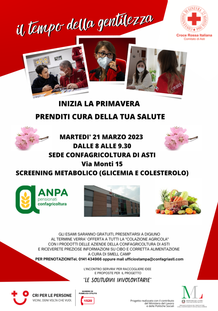 &quot;Prenditi cura della tua salute&quot;: martedì 21 marzo secondo appuntamento con lo screening metabolico presso la sede della Confagricoltura di Asti