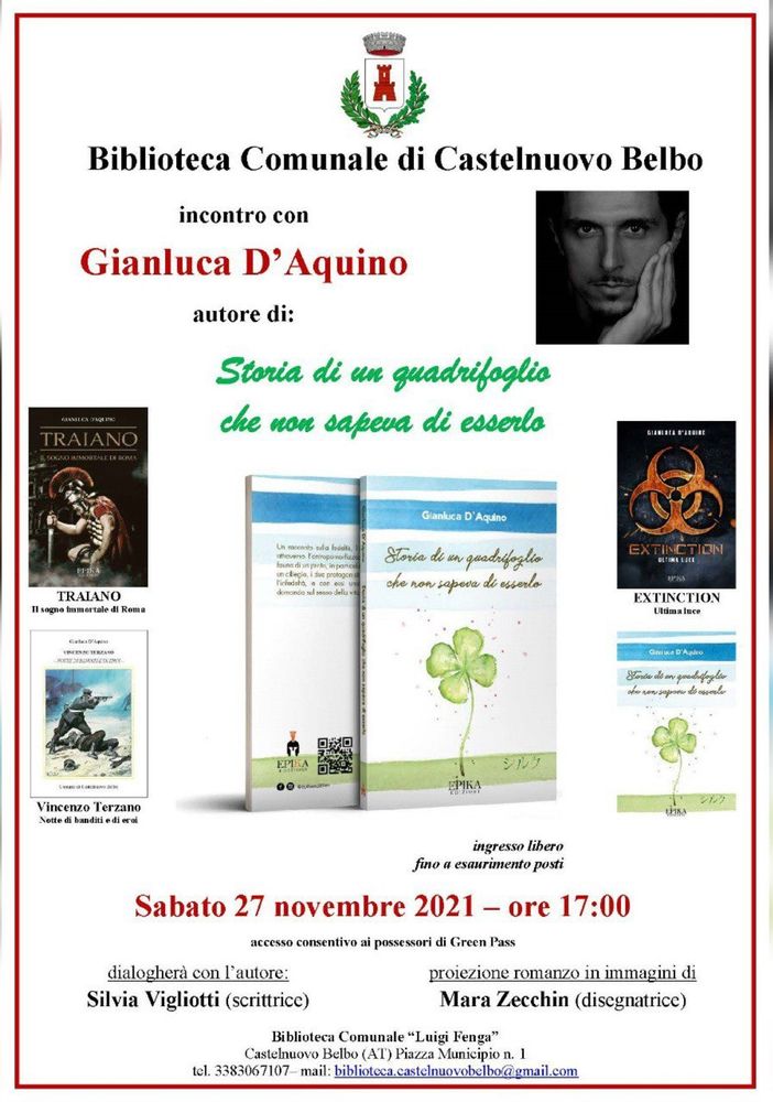 A Castelnuovo Belbo lo scrittore Gianluca D'Aquino presenta il suo “Storia di un quadrifoglio che non sapeva di esserlo”