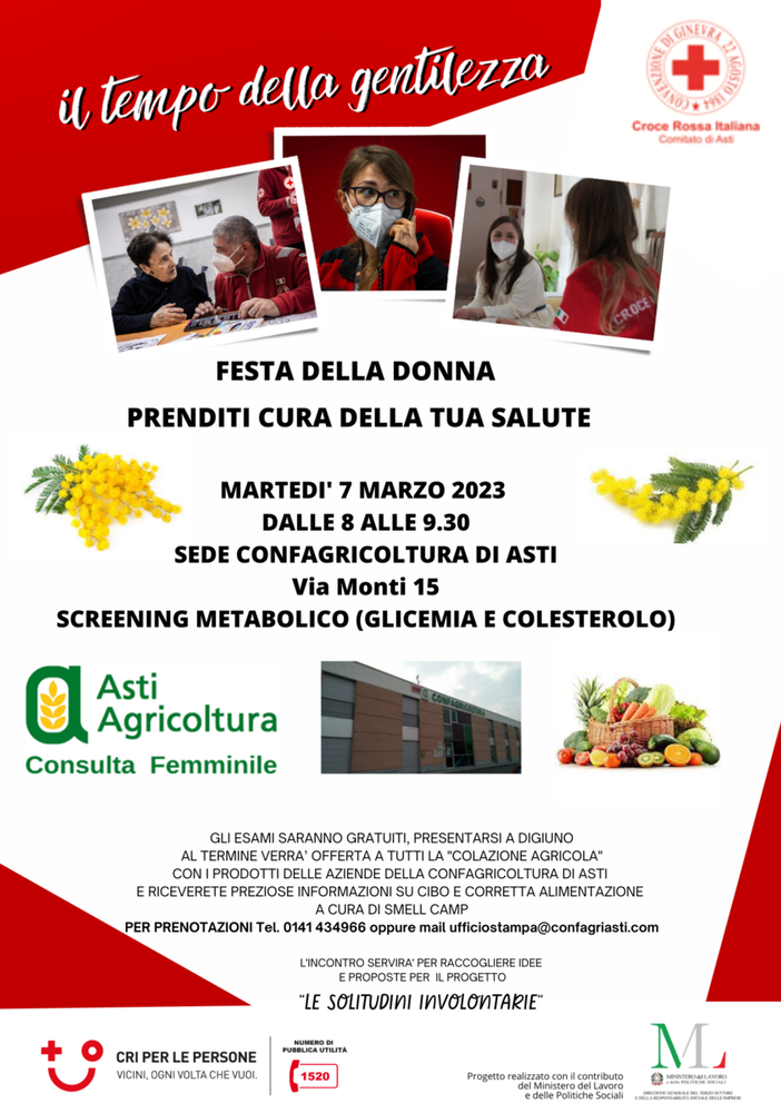 &quot;Prenditi cura della tua salute&quot;: due giornate di screening gratuito organizzate dalla Confagricoltura di Asti insieme alla Croce Rossa