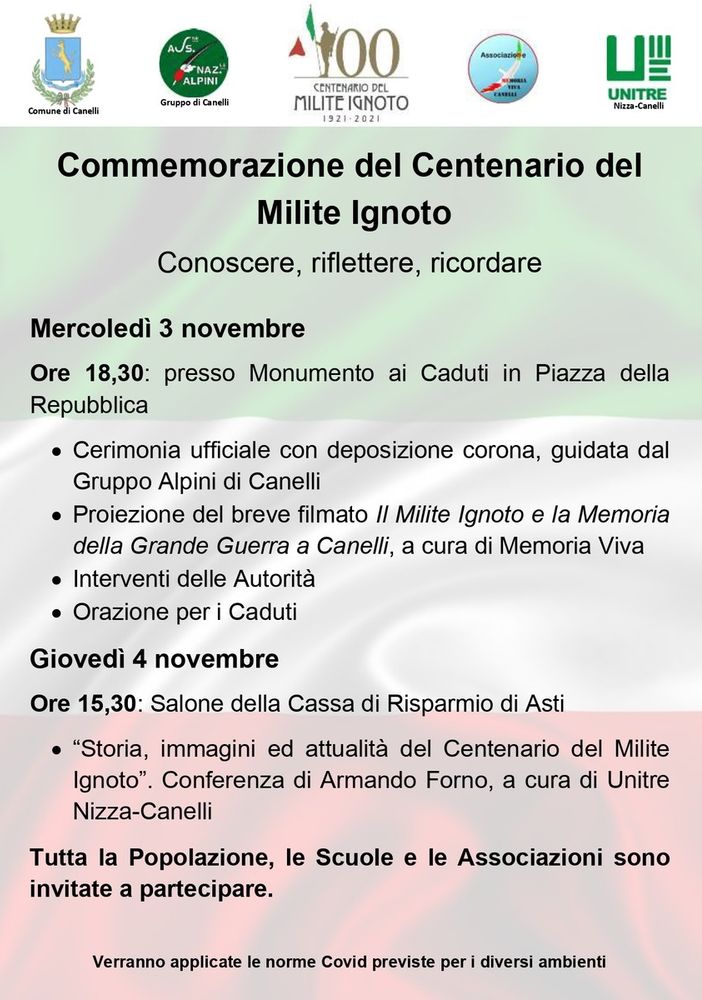La locandina con il programma delle commemorazioni canellesi per il centenario del Milite Ignoto