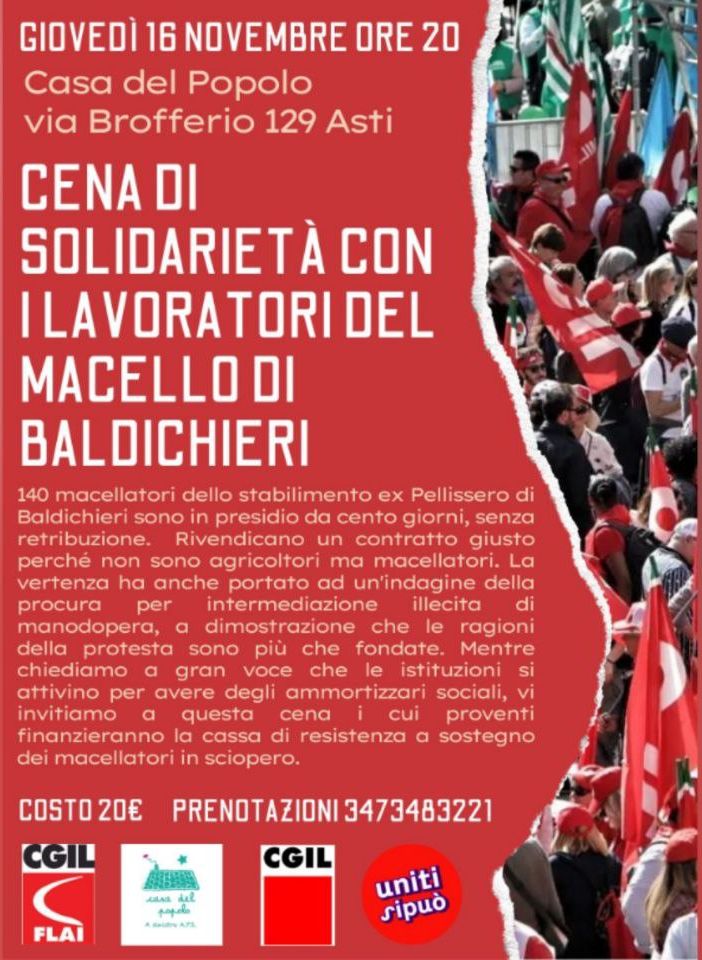 Solidarietà in tavola: cena di raccolta fondi per i lavoratori del Macello di Baldichieri