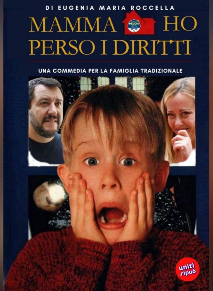 La locandina della parodia, con sullo sfondo Meloni e Salvini
