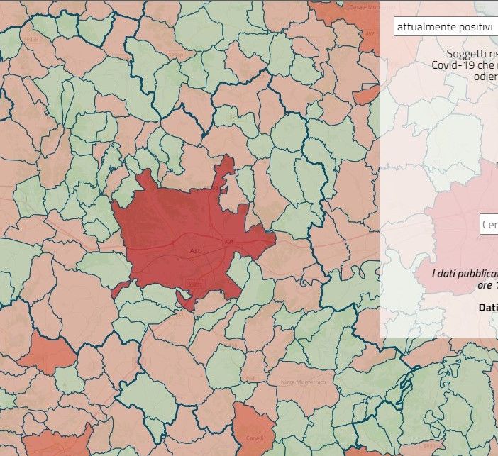 Stralcio della mappa interattiva della Regione Piemonte sui contagi covid