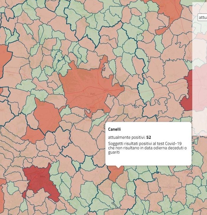 Uno stralcio della mappa regionale dei contagi Covid