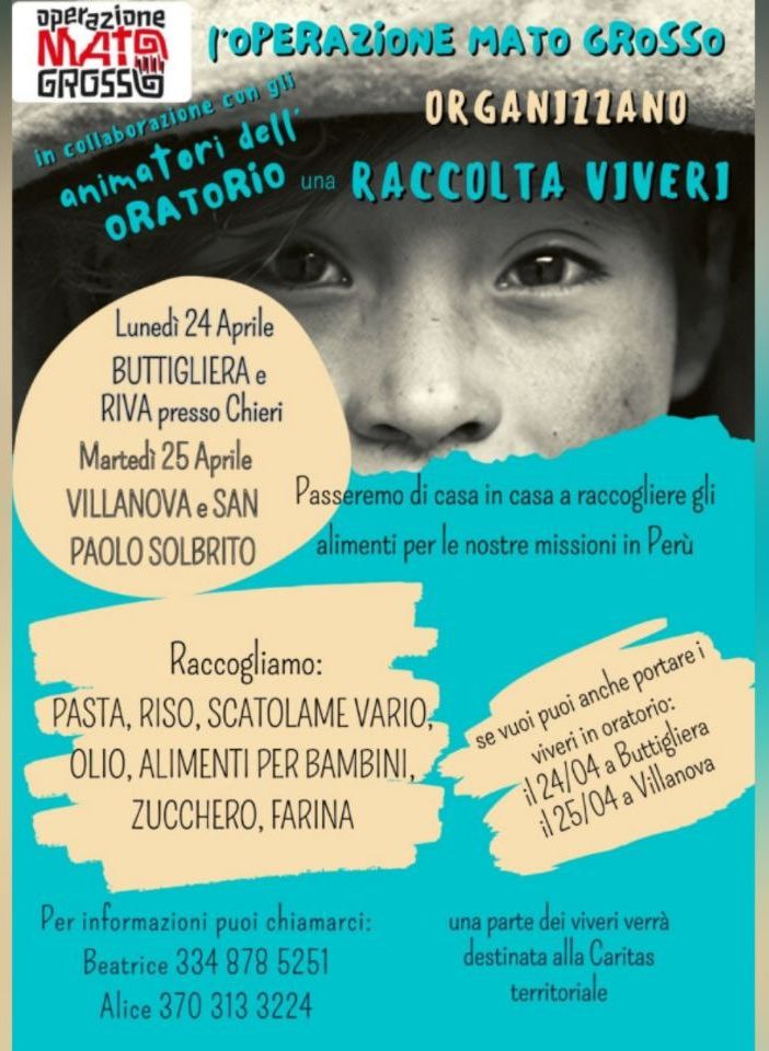 Raccolta di viveri, a Buttigliera, Villanova e San Paolo Solbrito, in favore da destinare a missioni in Perù