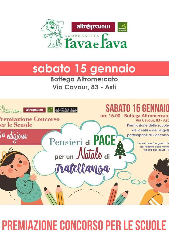 Da Rava e Fava premiazione, sabato 15 gennaio, delle scuole partecipanti al concorso  'Pensieri di Pace per un Natale di Fratellanza'.