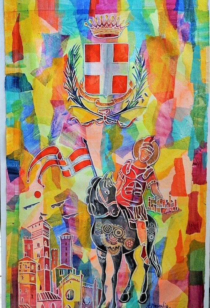 Il drappo, realizzato da Filippo Pinsoglio, destinato al vincitore del Palio 2021