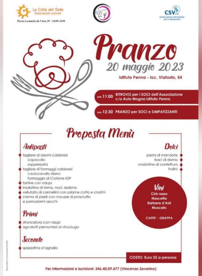&quot;La Città del Sole&quot; organizza un pranzo con specialità calabresi presso l'Istituto Penna
