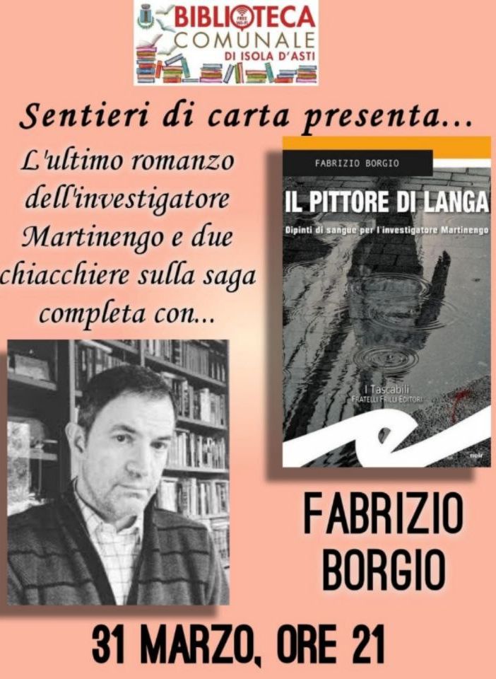 La locandina della presentazione letteraria presso la Biblioteca di Isola d'Asti