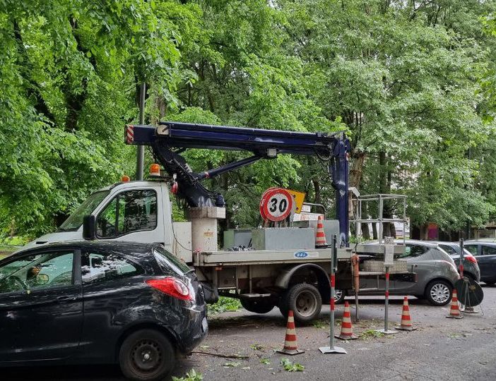 Asti: pioggia e vento fanno cadere ramo di albero in via Rosselli. Colpite due auto [FOTO]