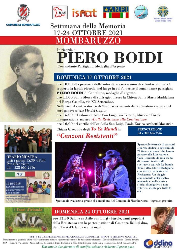 Dal 17 al 24 ottobre a Mombaruzzo la &quot;Settimana della Memoria - Piero Boidi&quot;