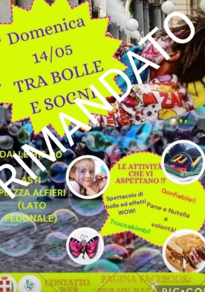 Rinviato per maltempo l'evento in programma nel pomeriggio in piazza Alfieri