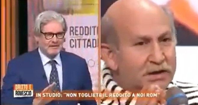 Paolo Del Debbio, conduttore della trasmissione, e Favil Seferovic in un fermo immagine tratto dalla trasmissione “Diritto e Rovescio”