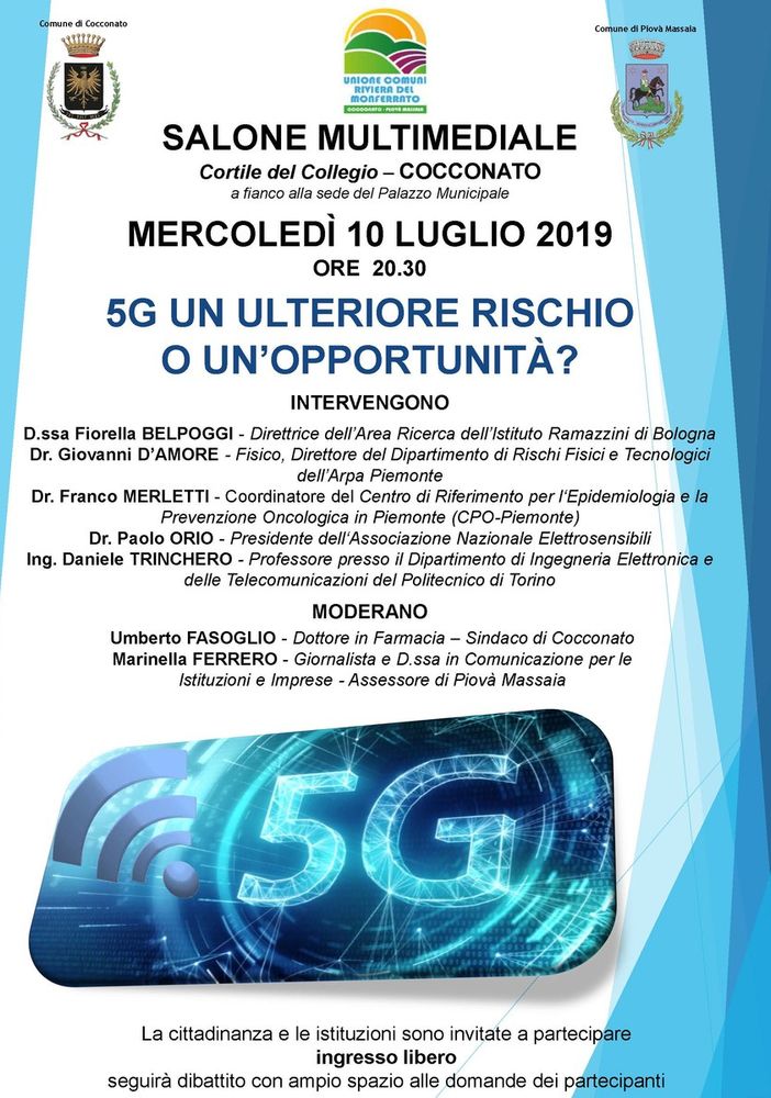 L'Unione dei Comuni Riviera del Monferrato organizza il convegno &quot;5G un ulteriore rischio o un'opportunità?&quot;