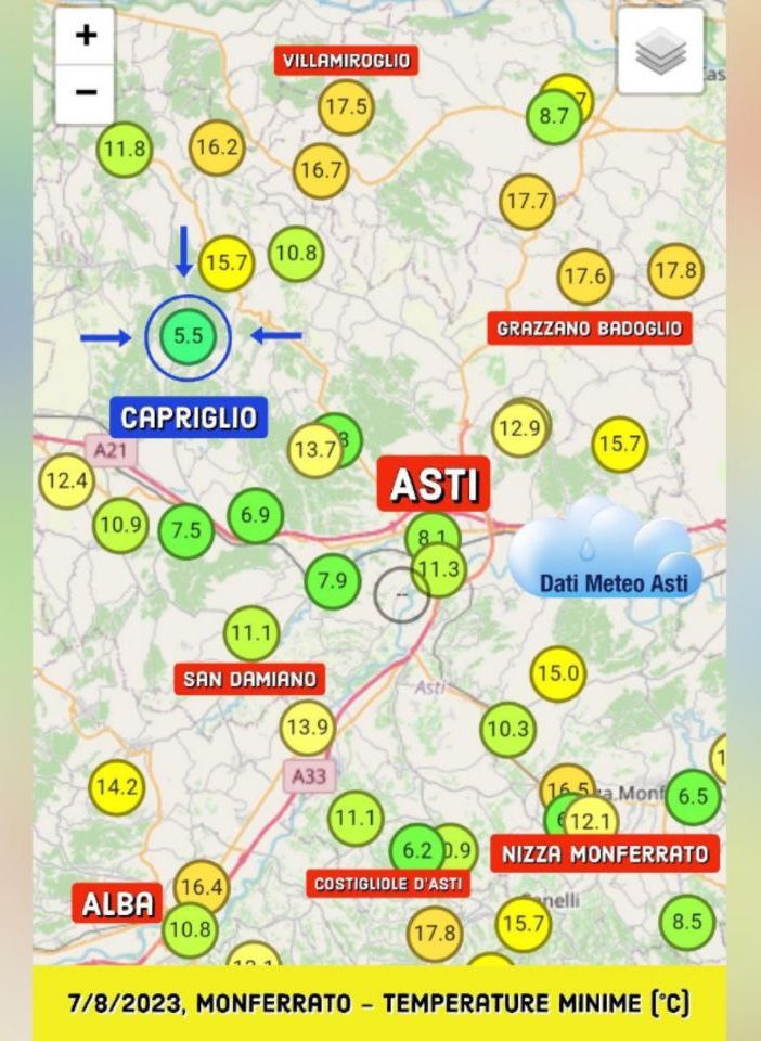 Le temperature minime rilevate nella notte (screenshot da Dati Meteo Asti)